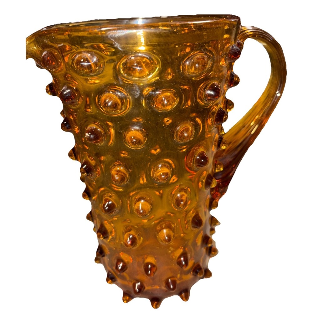 MCM Vintage Amber Empoli Large Spike Hobnail Art Glass Pitcher W/Ribbed Handle